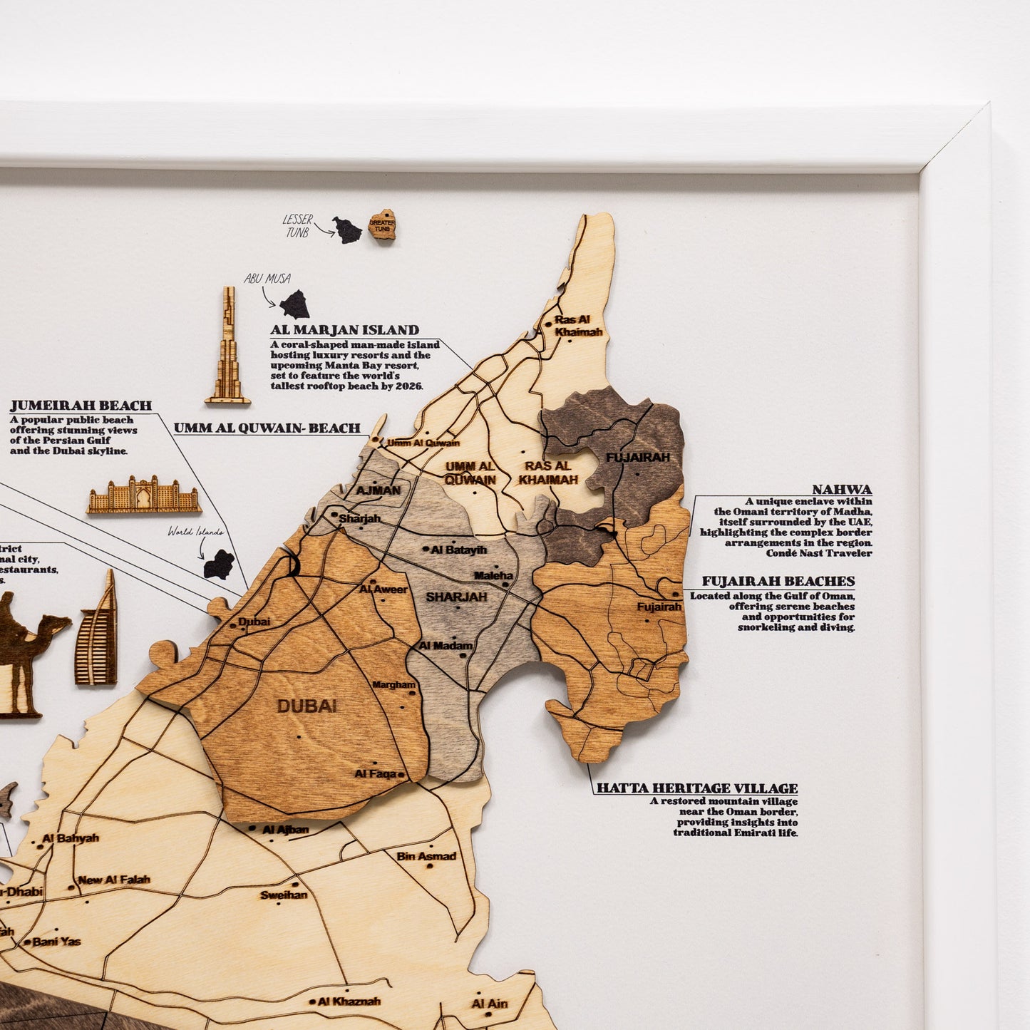UAE wooden map in multicolor on white panel – handcrafted décor for home or office