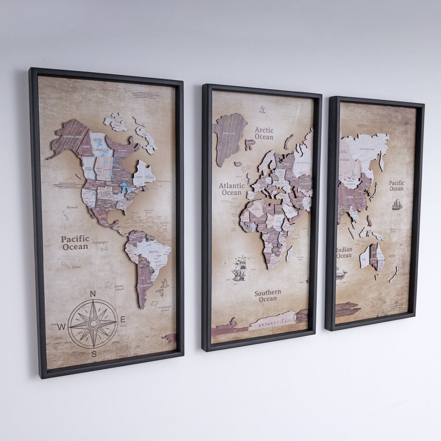Wooden World Map on Triptych Panels - Cappuccino Vintage