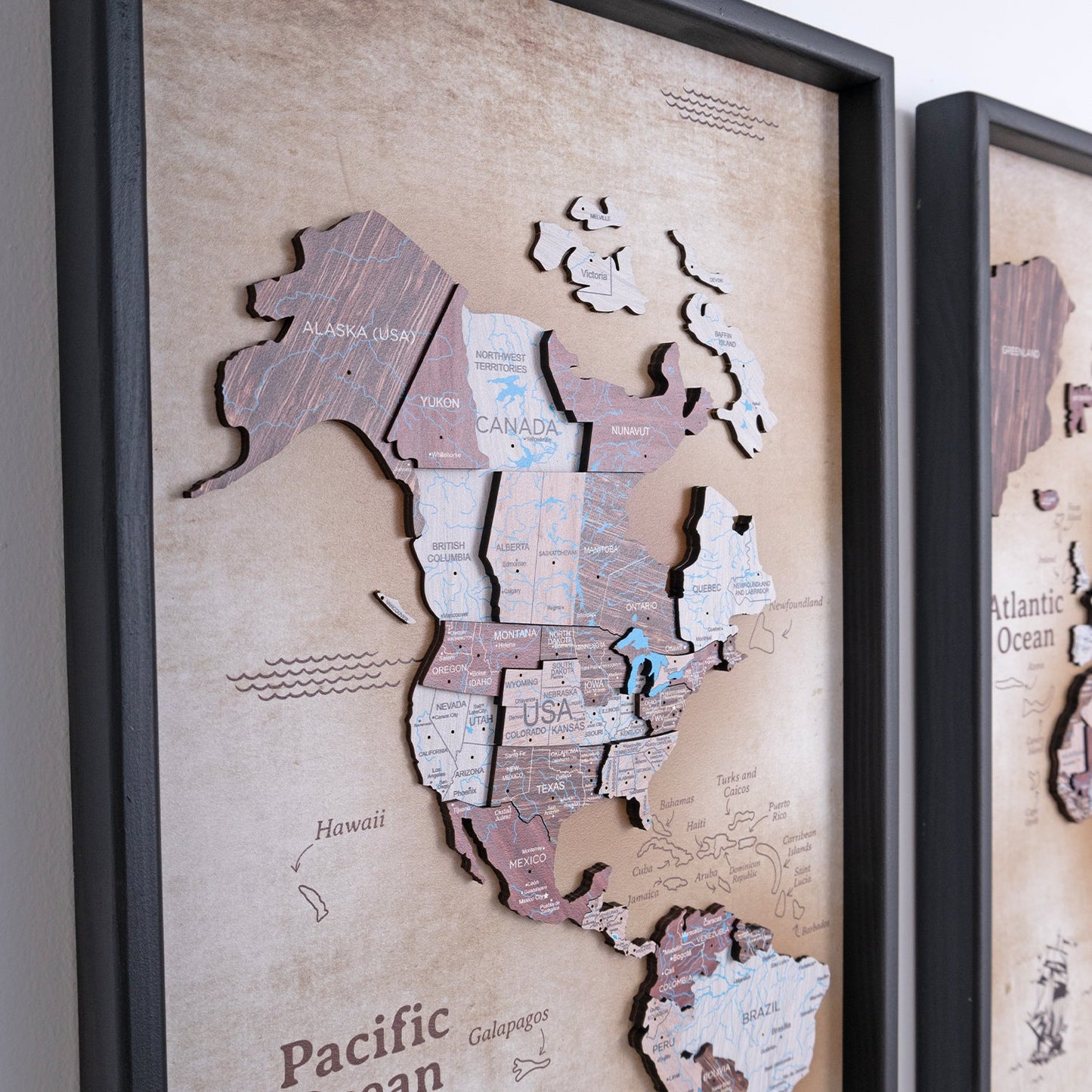 Wooden World Map on Triptych Panels - Cappuccino Vintage