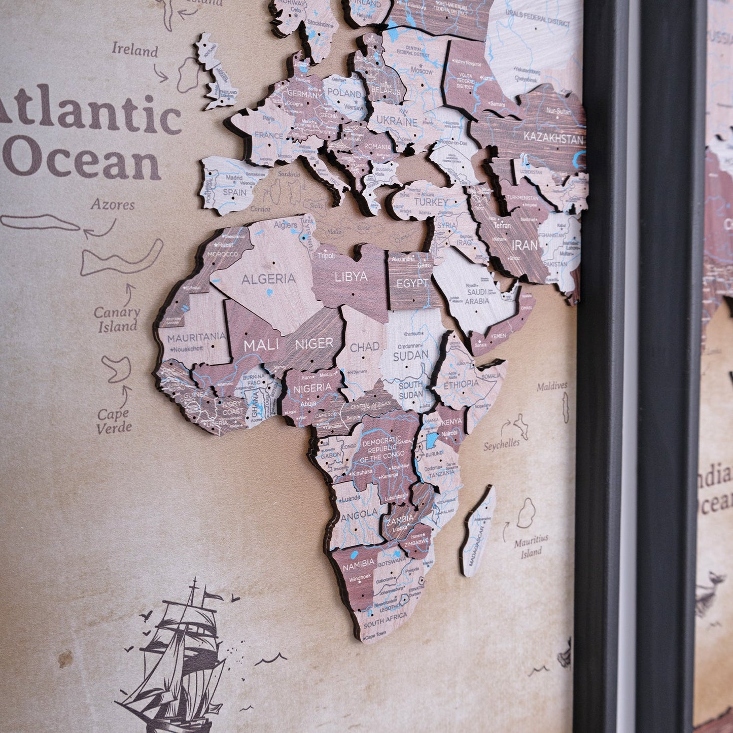 Wooden World Map on Triptych Panels - Cappuccino Vintage