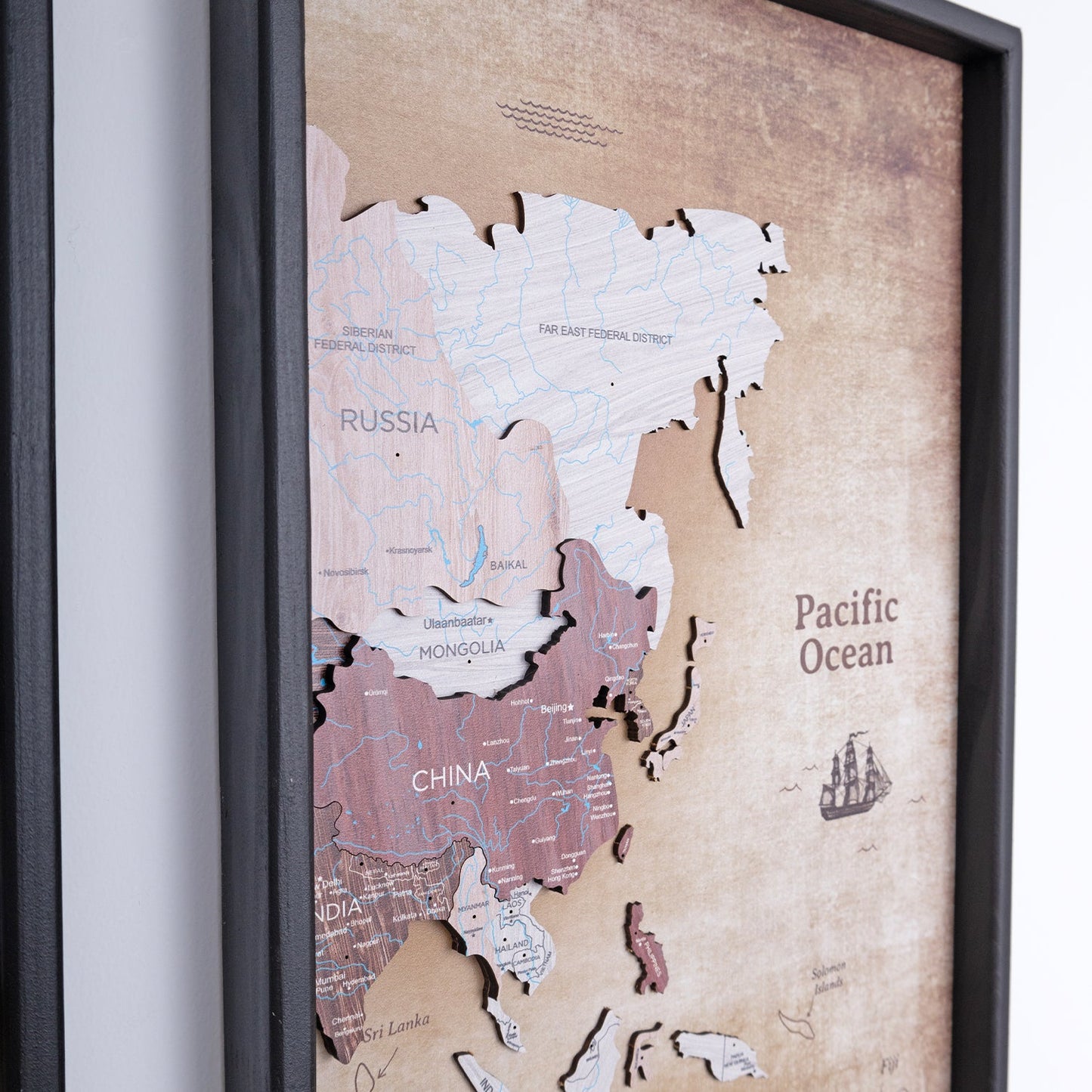 Wooden World Map on Triptych Panels - Cappuccino Vintage