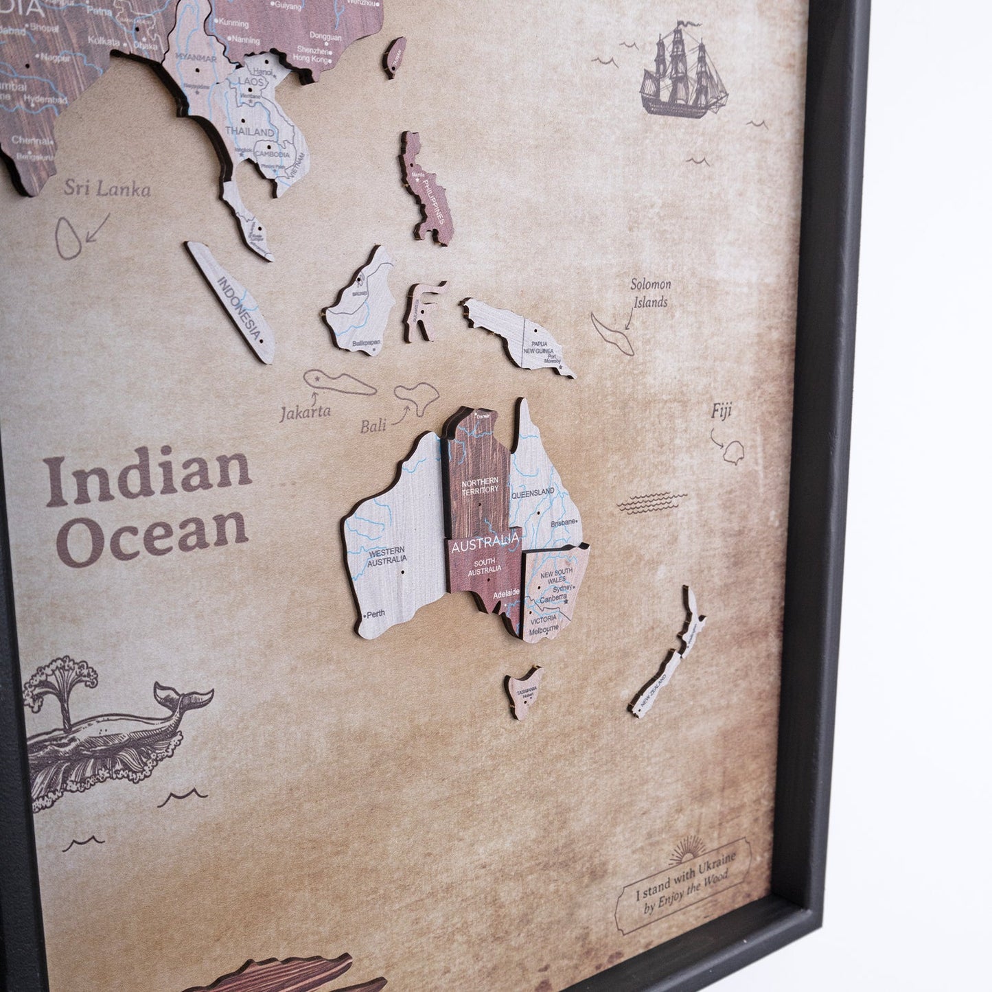 Wooden World Map on Triptych Panels - Cappuccino Vintage