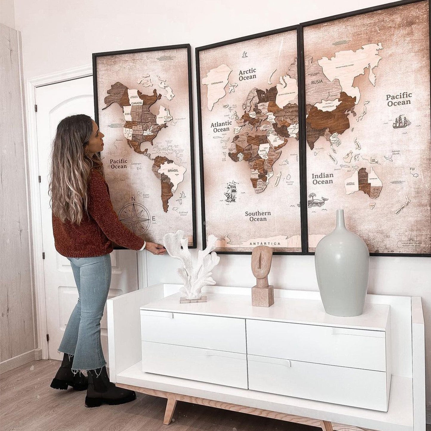 Wooden World Map on Triptych Panels - Cappuccino Vintage