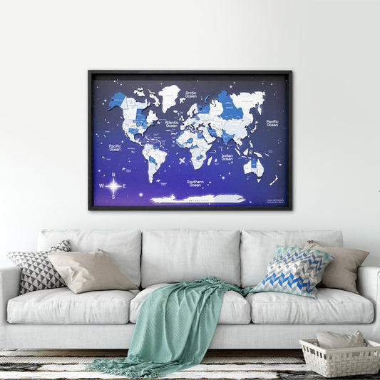 3D Wooden World Map on Panel - Aqua Space