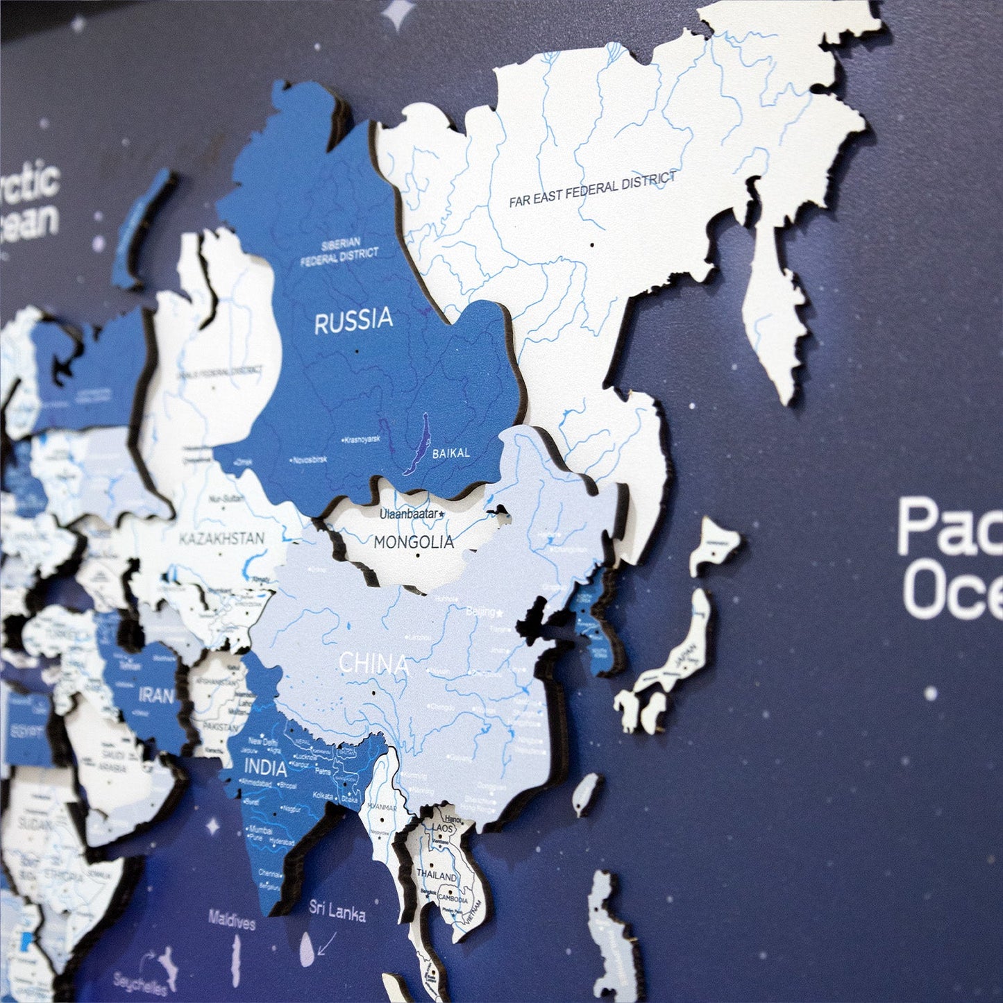 3D Wooden World Map on Panel - Aqua Space