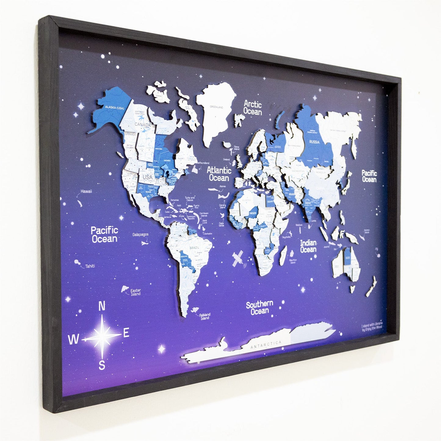 3D Wooden World Map on Panel - Aqua Space