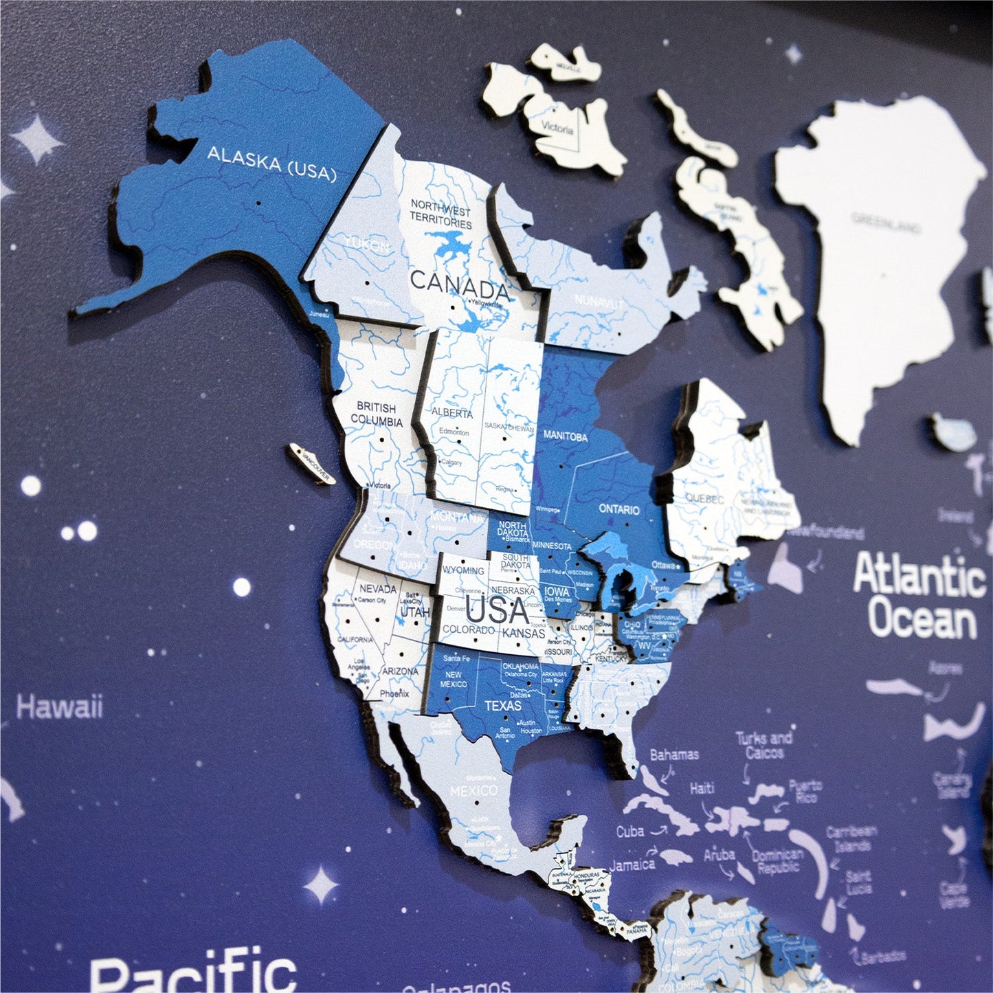 3D Wooden World Map on Panel - Aqua Space