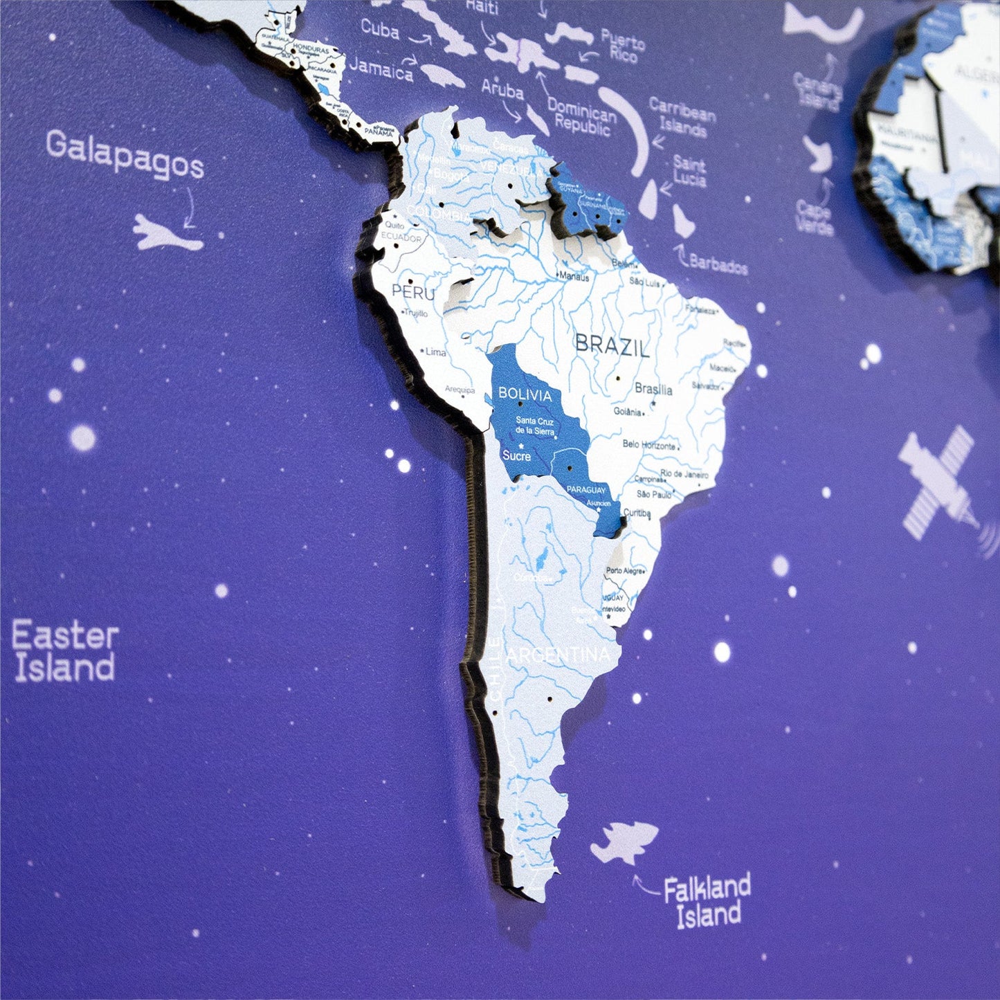 3D Wooden World Map on Panel - Aqua Space