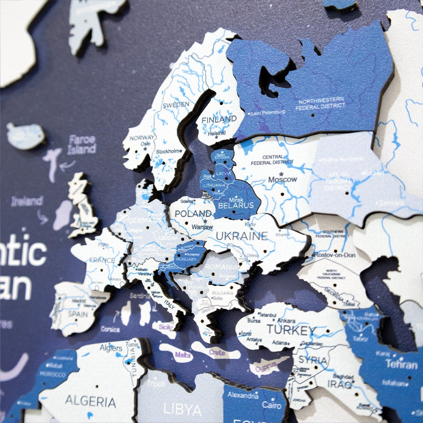 3D Wooden World Map on Panel - Aqua Space
