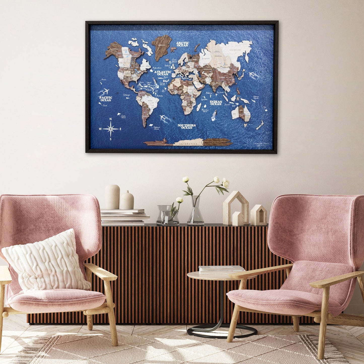 3D Wooden World Map on Panel - Cappuccino Ocean
