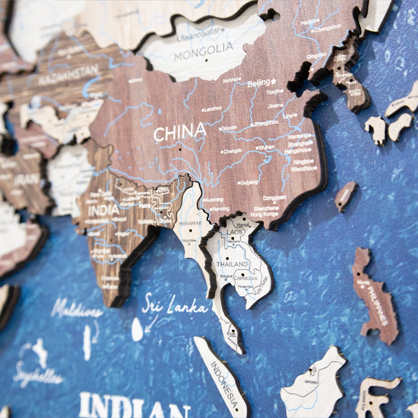 3D Wooden World Map on Panel - Cappuccino Ocean