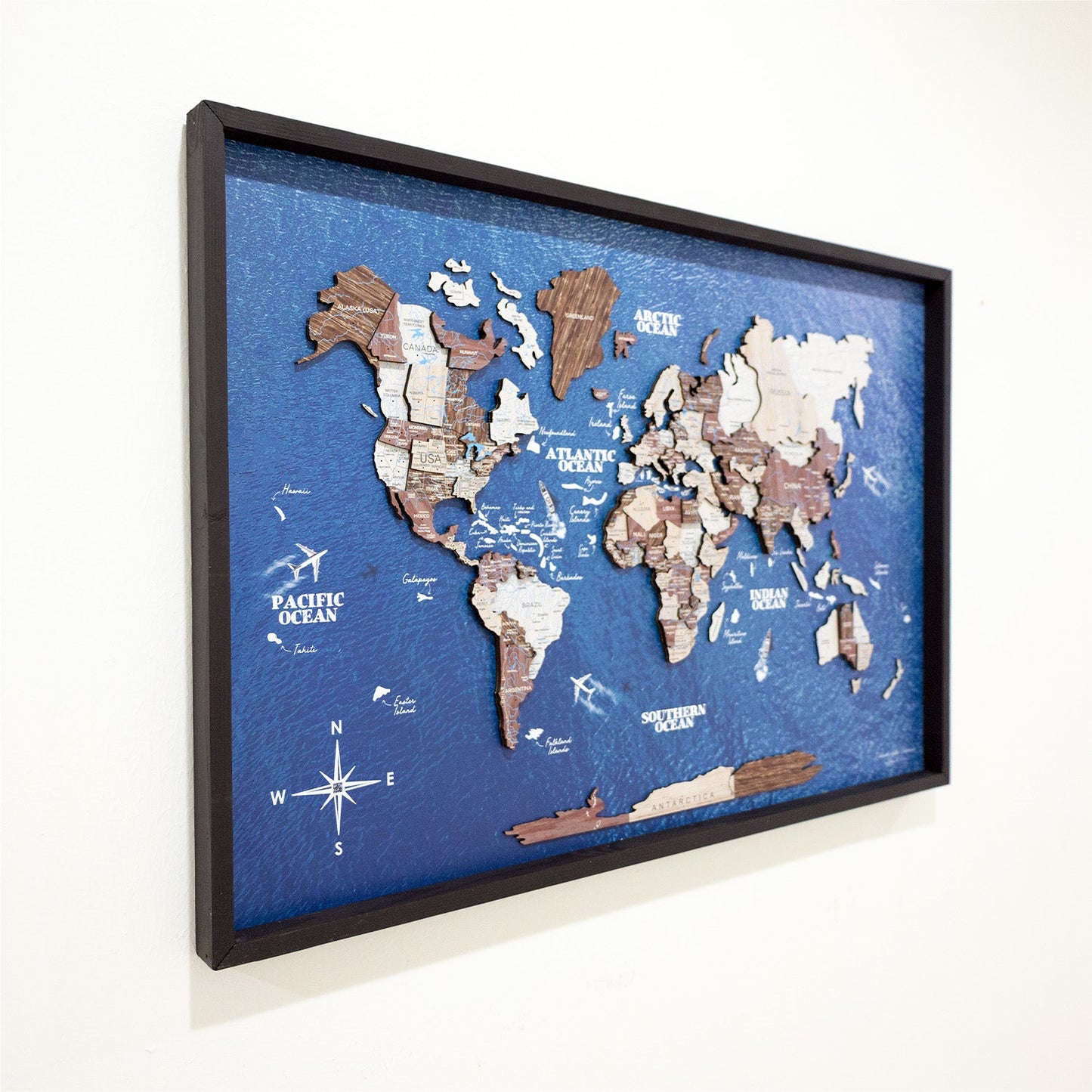 3D Wooden World Map on Panel - Cappuccino Ocean