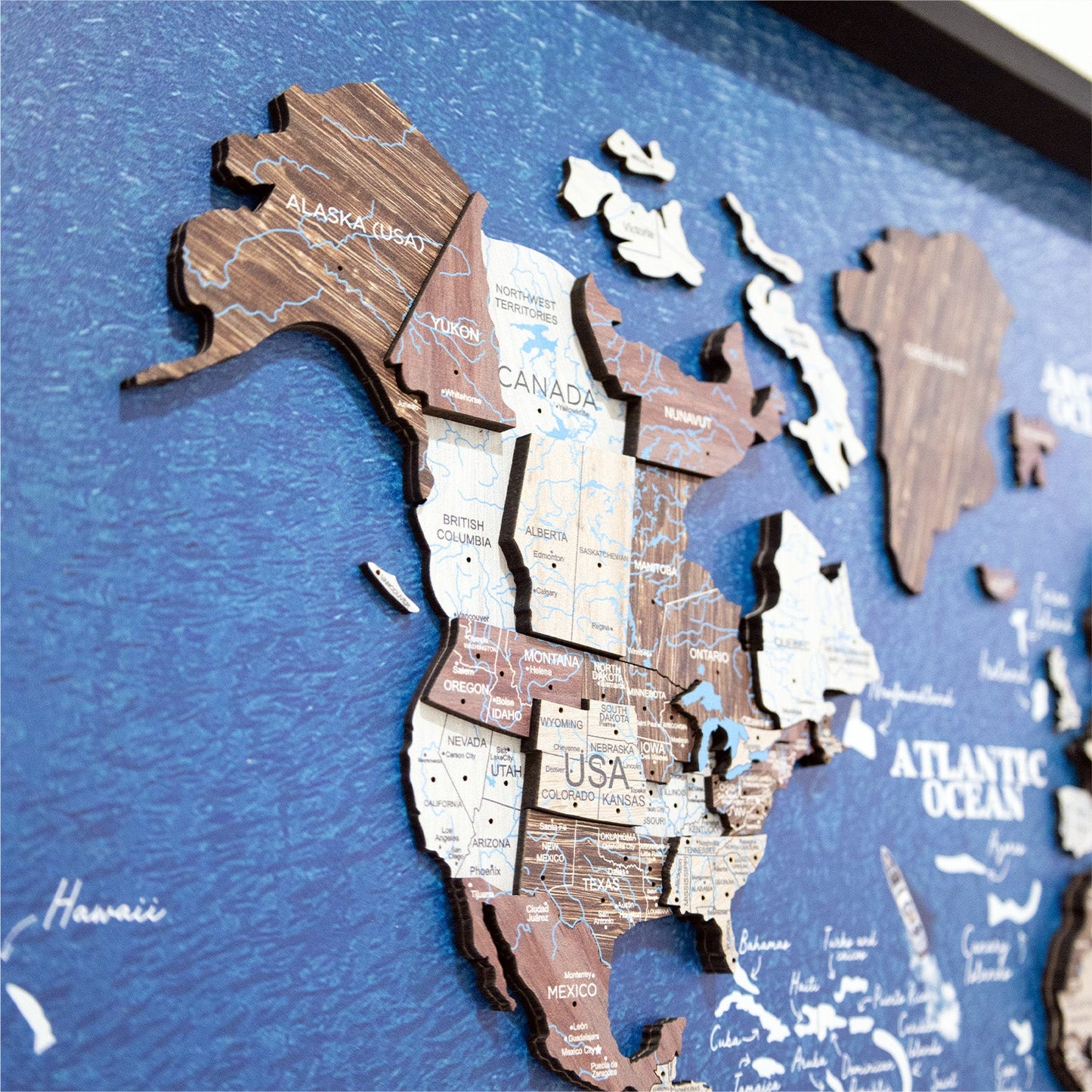 3D Wooden World Map on Panel - Cappuccino Ocean