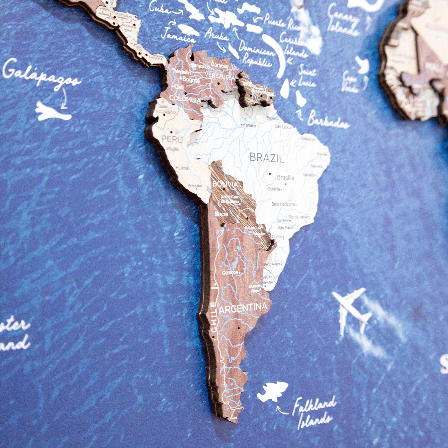 3D Wooden World Map on Panel - Cappuccino Ocean