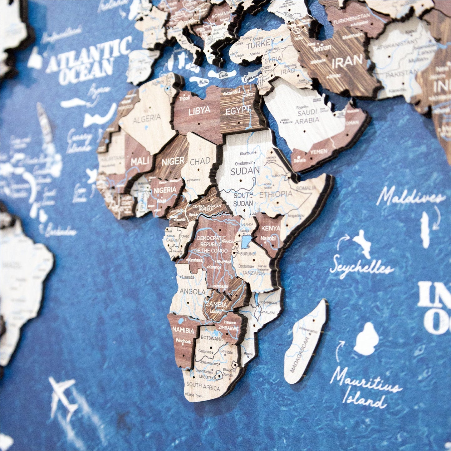 3D Wooden World Map on Panel - Cappuccino Ocean