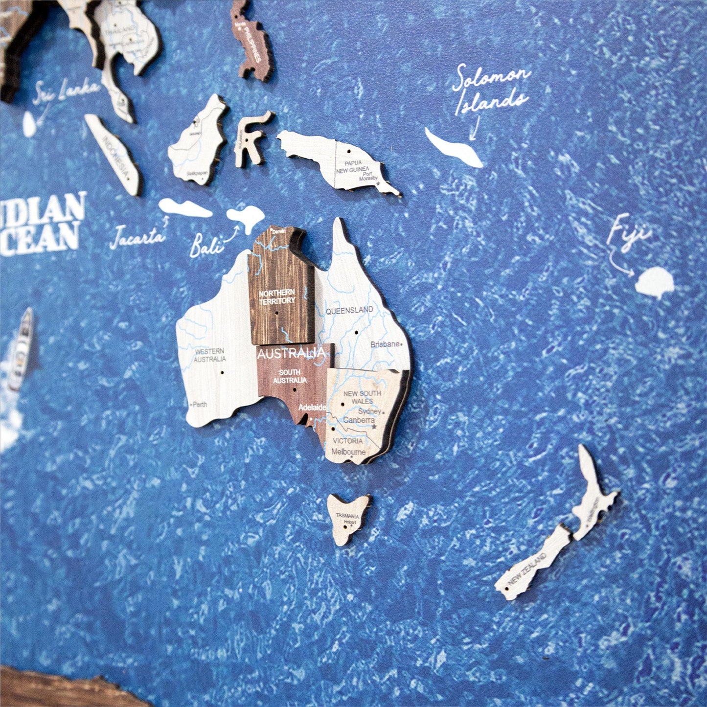 3D Wooden World Map on Panel - Cappuccino Ocean