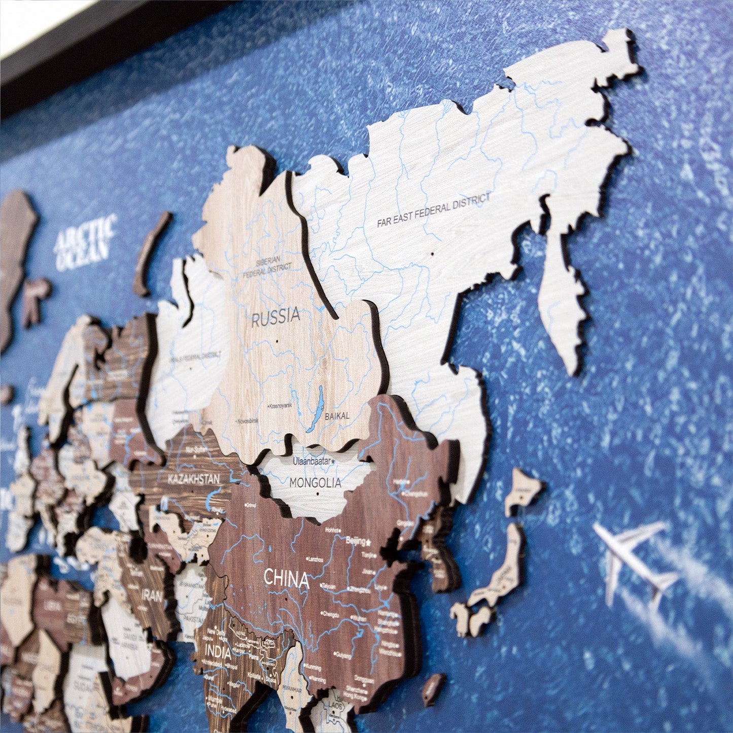 3D Wooden World Map on Panel - Cappuccino Ocean