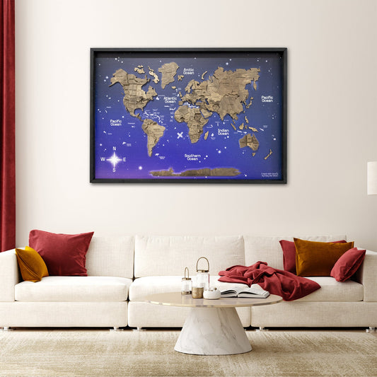 3D Wooden World Map on Panel - Dark Walnut Space