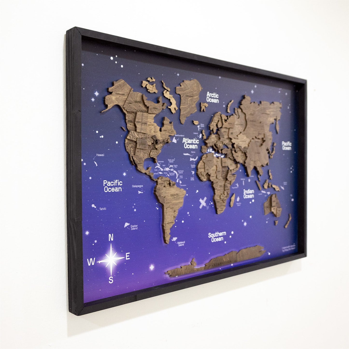 3D Wooden World Map on Panel - Dark Walnut Space