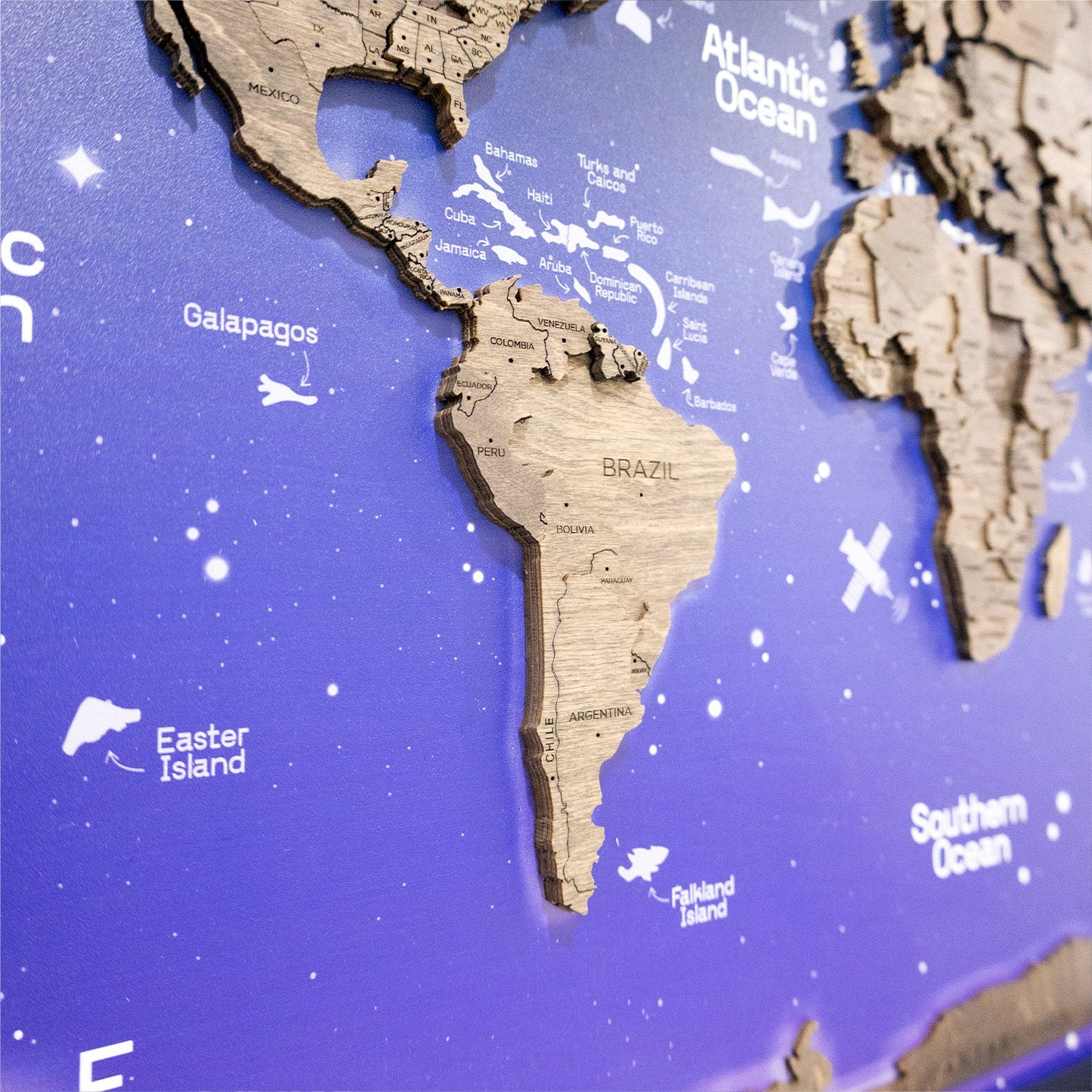 3D Wooden World Map on Panel - Dark Walnut Space