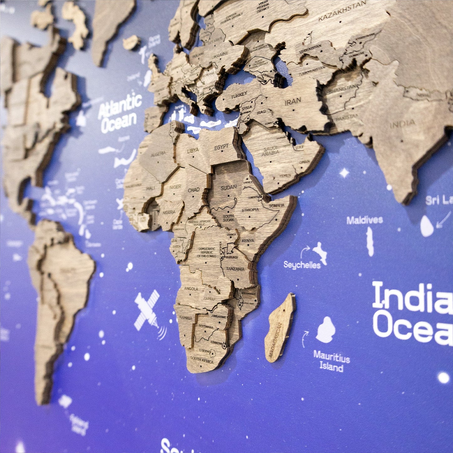3D Wooden World Map on Panel - Dark Walnut Space
