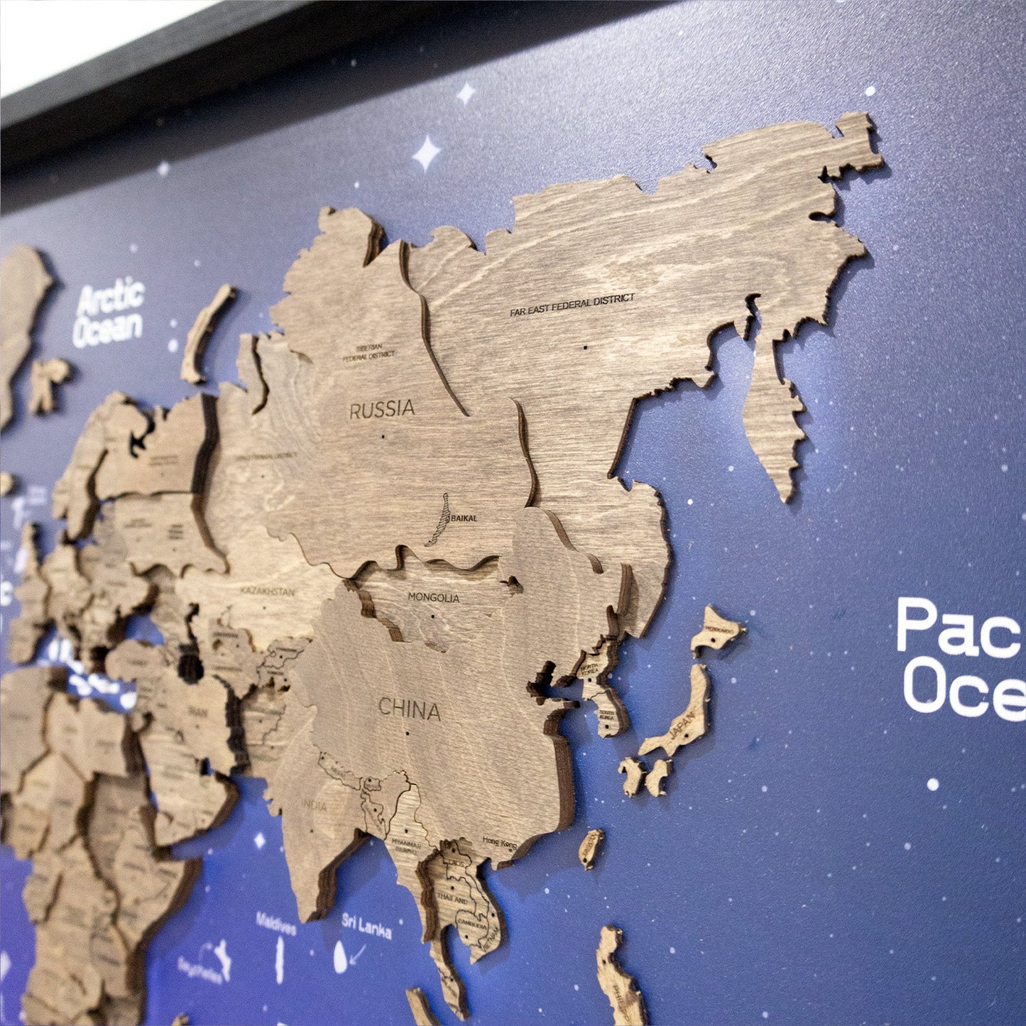 3D Wooden World Map on Panel - Dark Walnut Space
