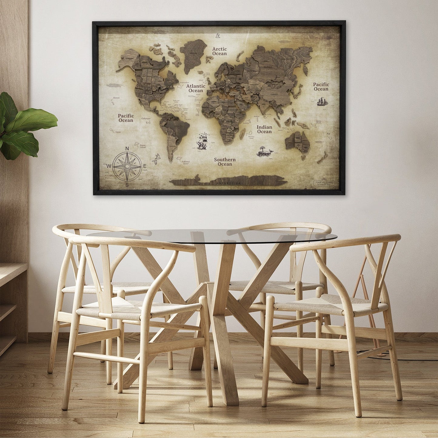 3D Wooden World Map on Panel - Dark Walnut Vintage
