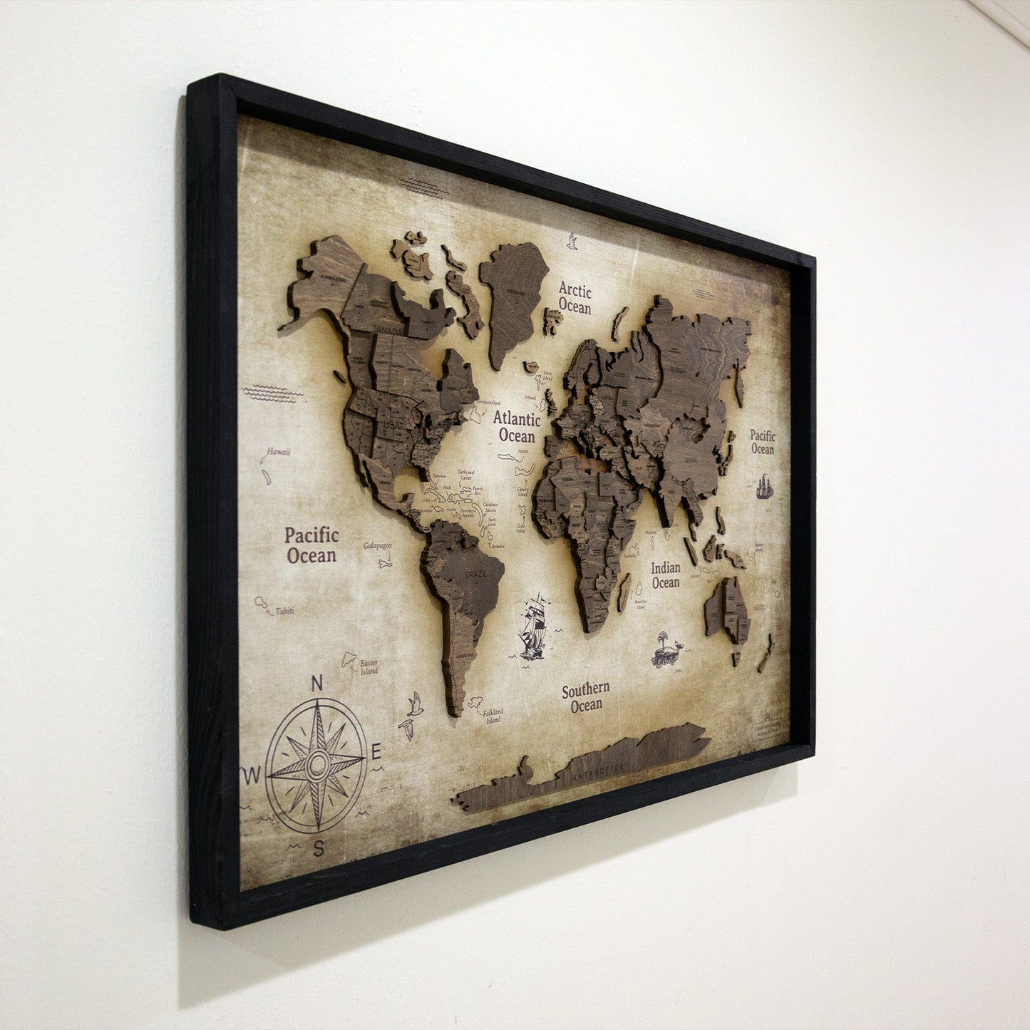 3D Wooden World Map on Panel - Dark Walnut Vintage