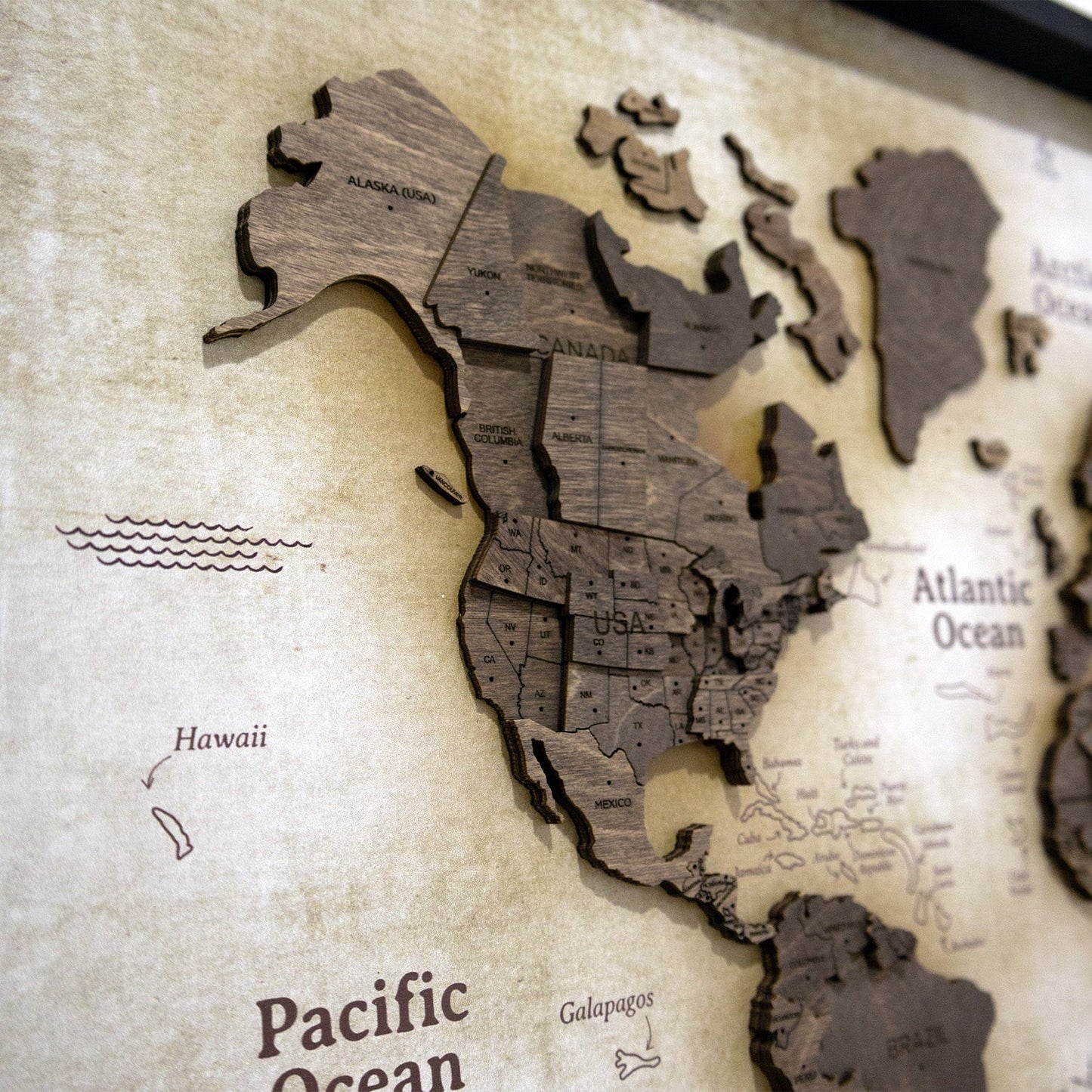 3D Wooden World Map on Panel - Dark Walnut Vintage
