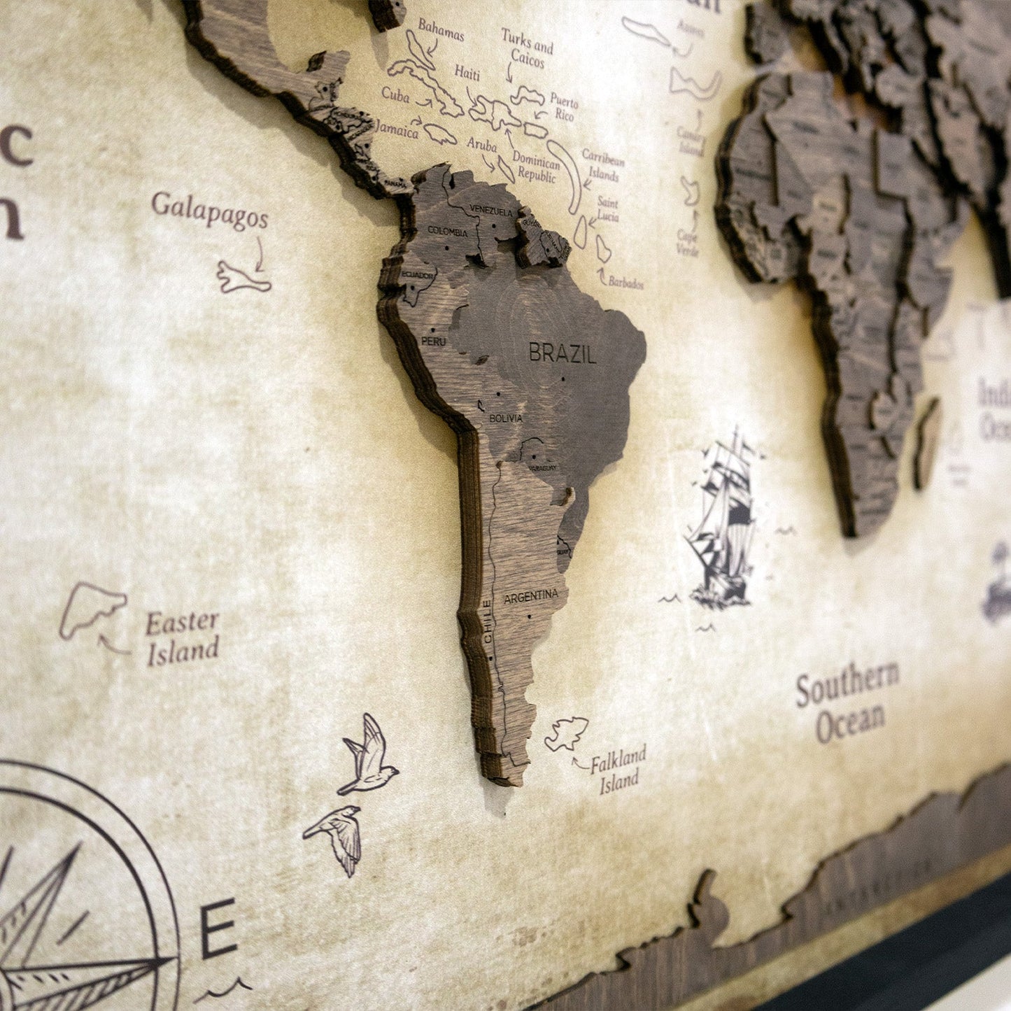 3D Wooden World Map on Panel - Dark Walnut Vintage