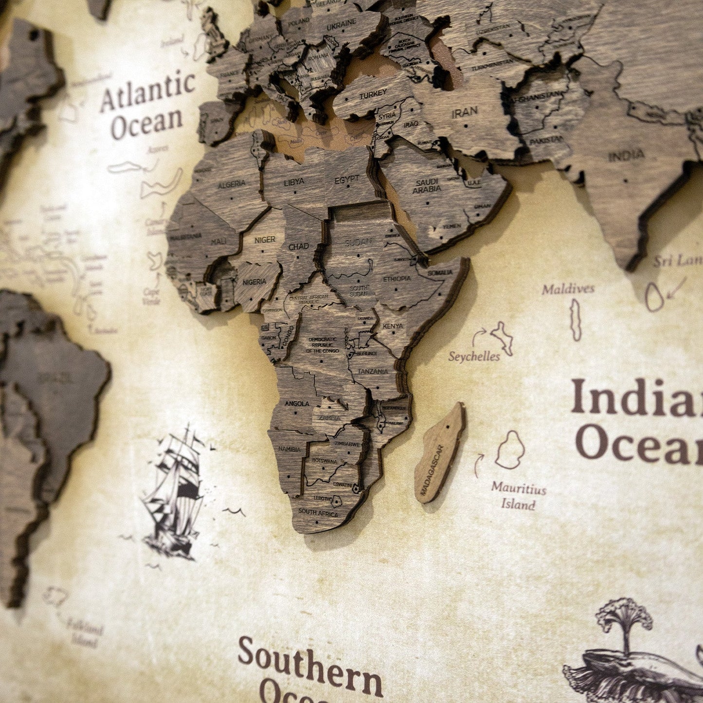 3D Wooden World Map on Panel - Dark Walnut Vintage