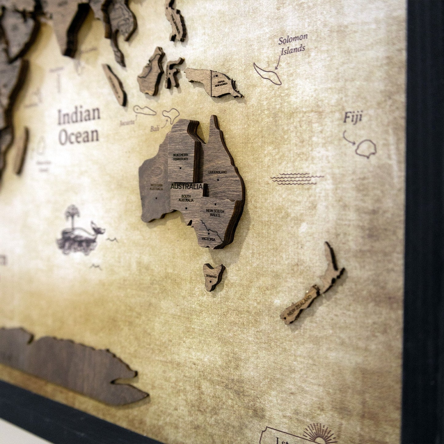 3D Wooden World Map on Panel - Dark Walnut Vintage