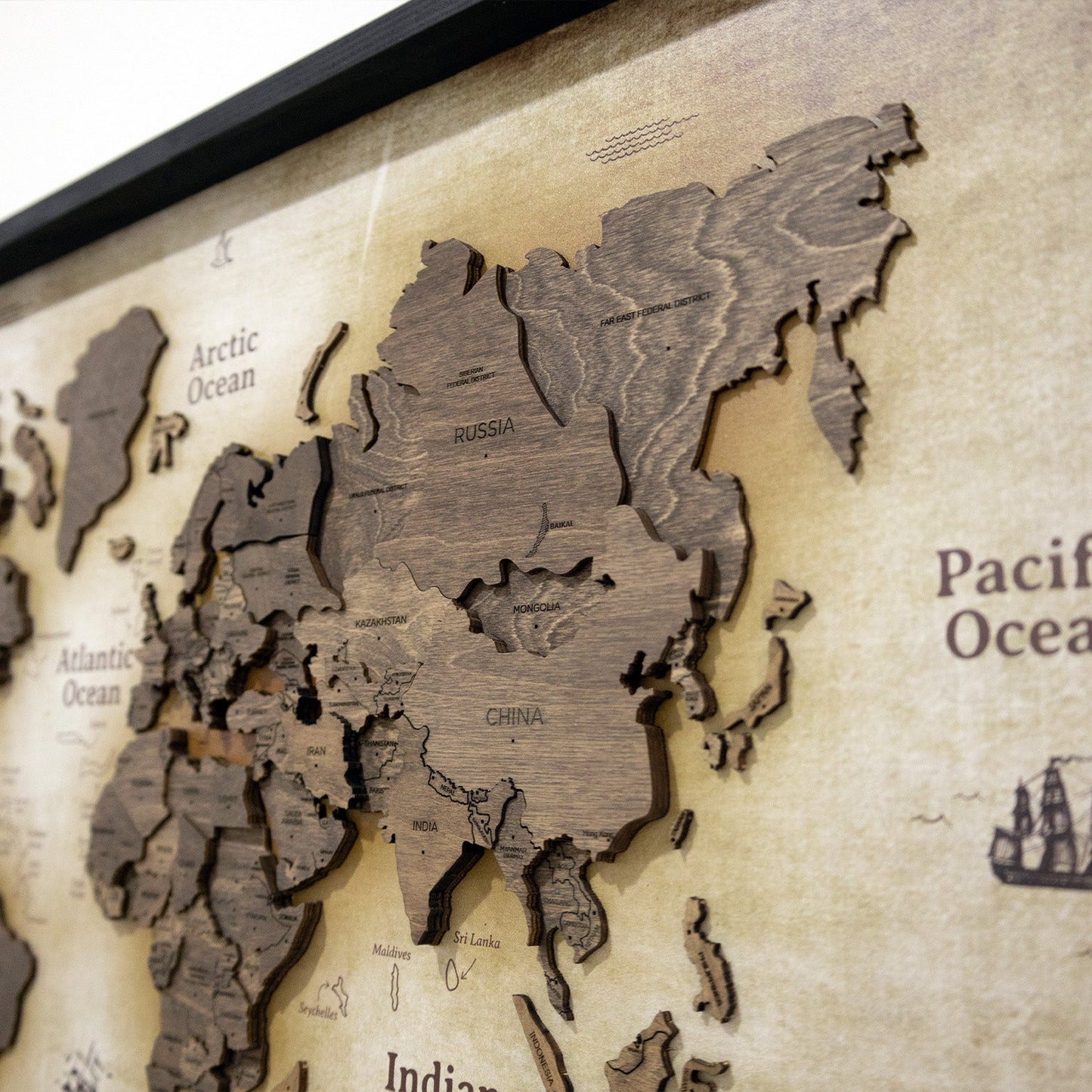 3D Wooden World Map on Panel - Dark Walnut Vintage