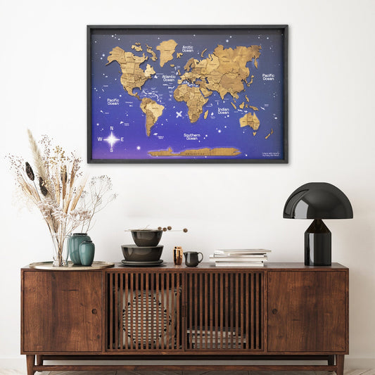 3D Wooden World Map on Panel - Oak Space