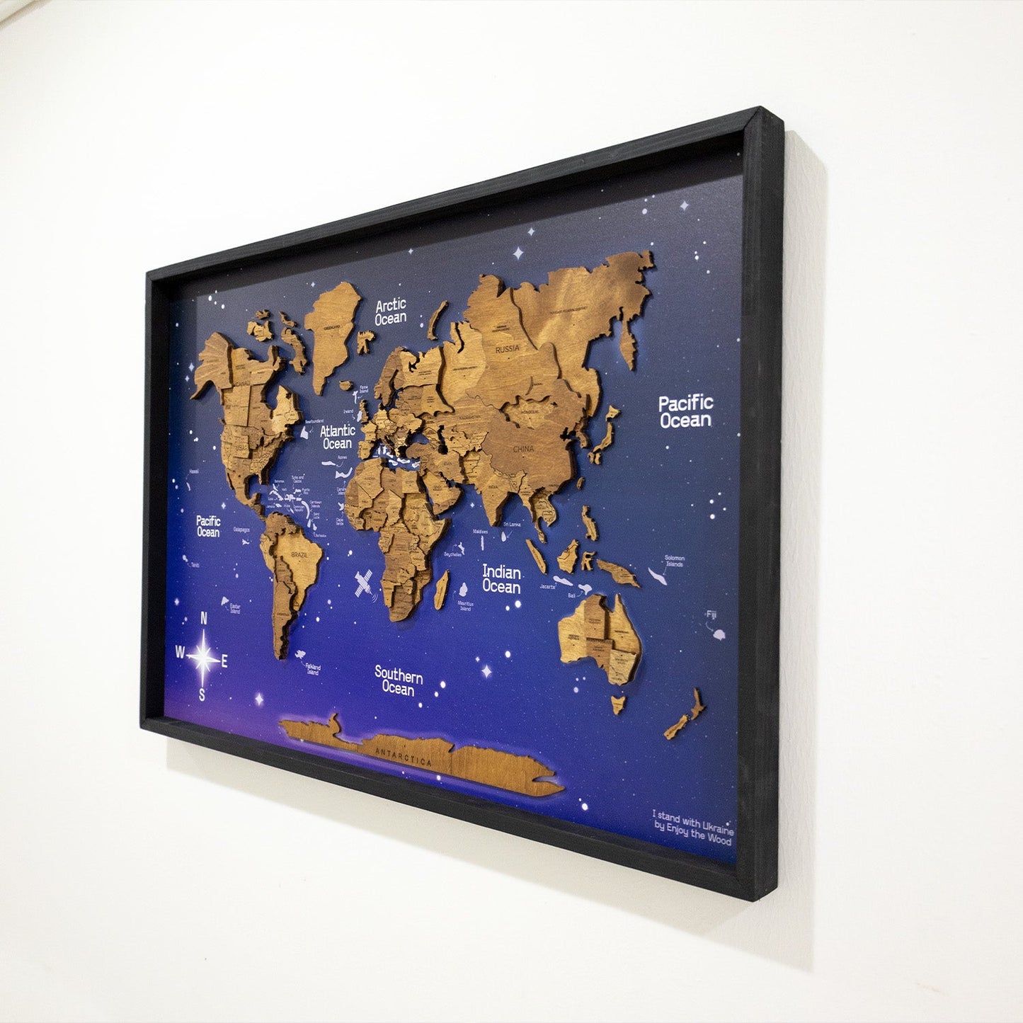 3D Wooden World Map on Panel - Oak Space
