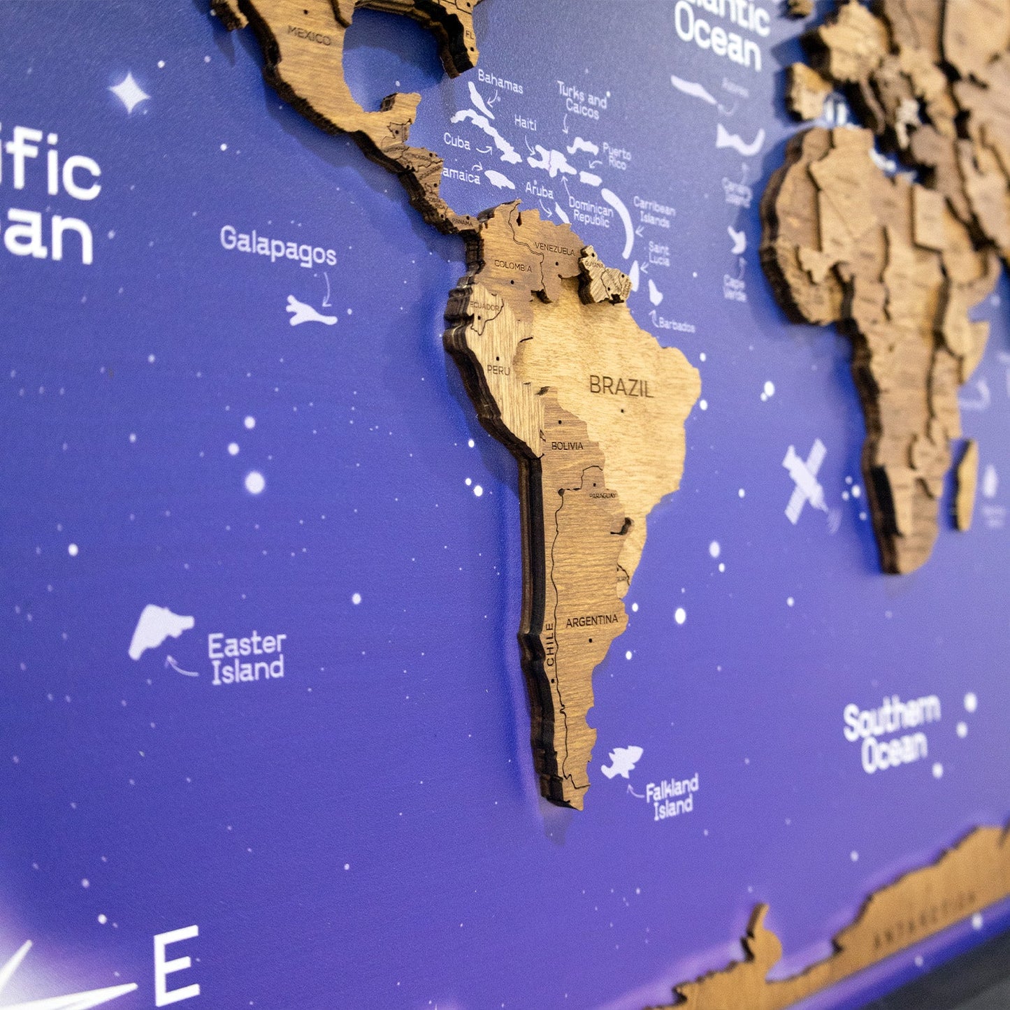 3D Wooden World Map on Panel - Oak Space