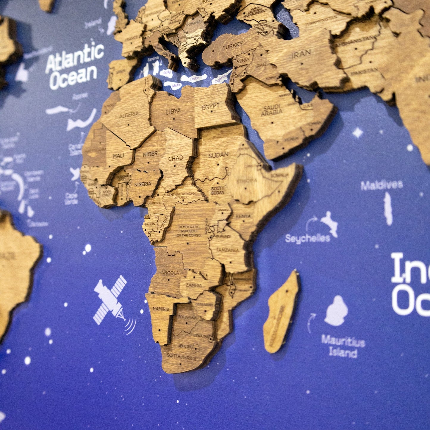 3D Wooden World Map on Panel - Oak Space