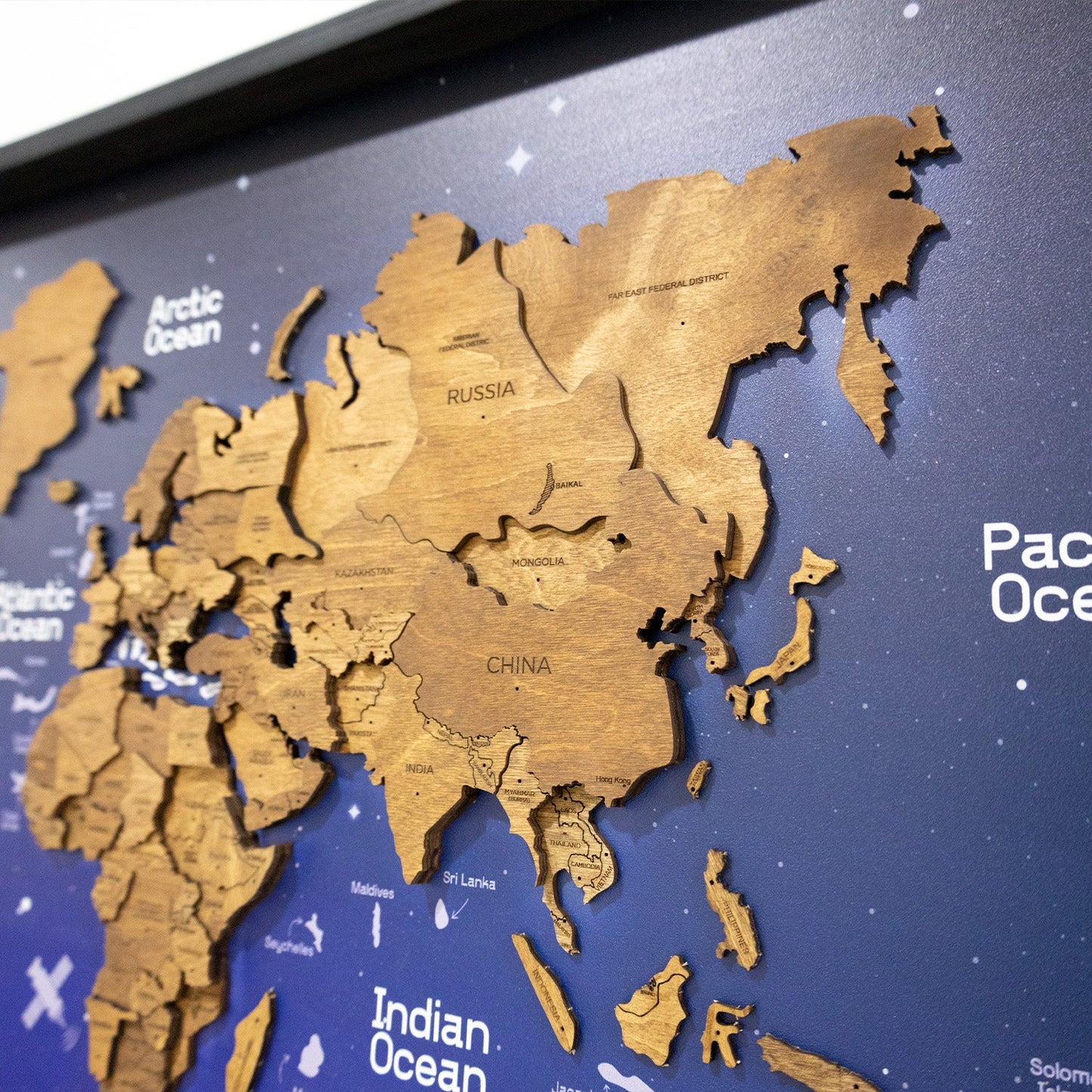 3D Wooden World Map on Panel - Oak Space