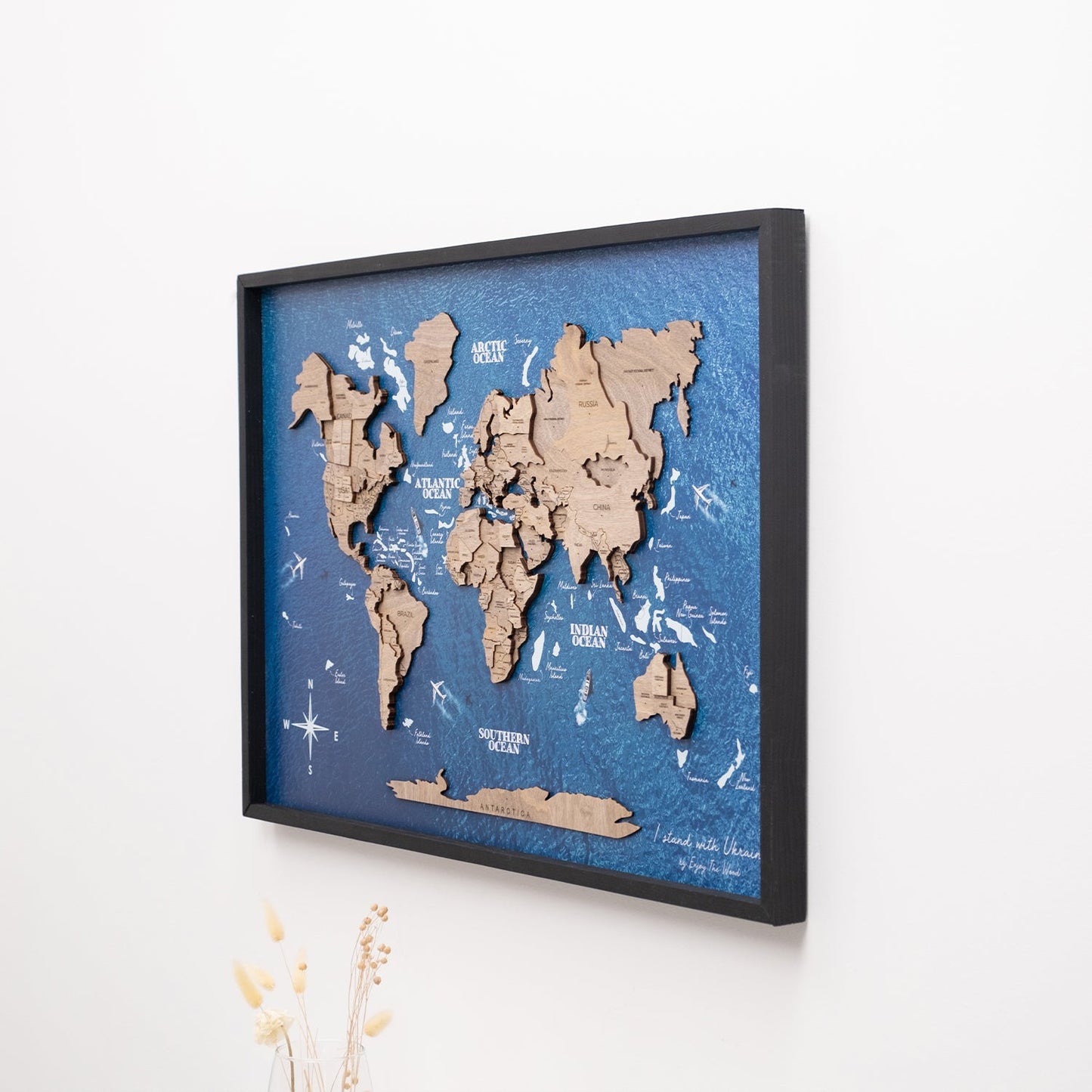 3D Wooden World Map on Panel - Terra Ocean