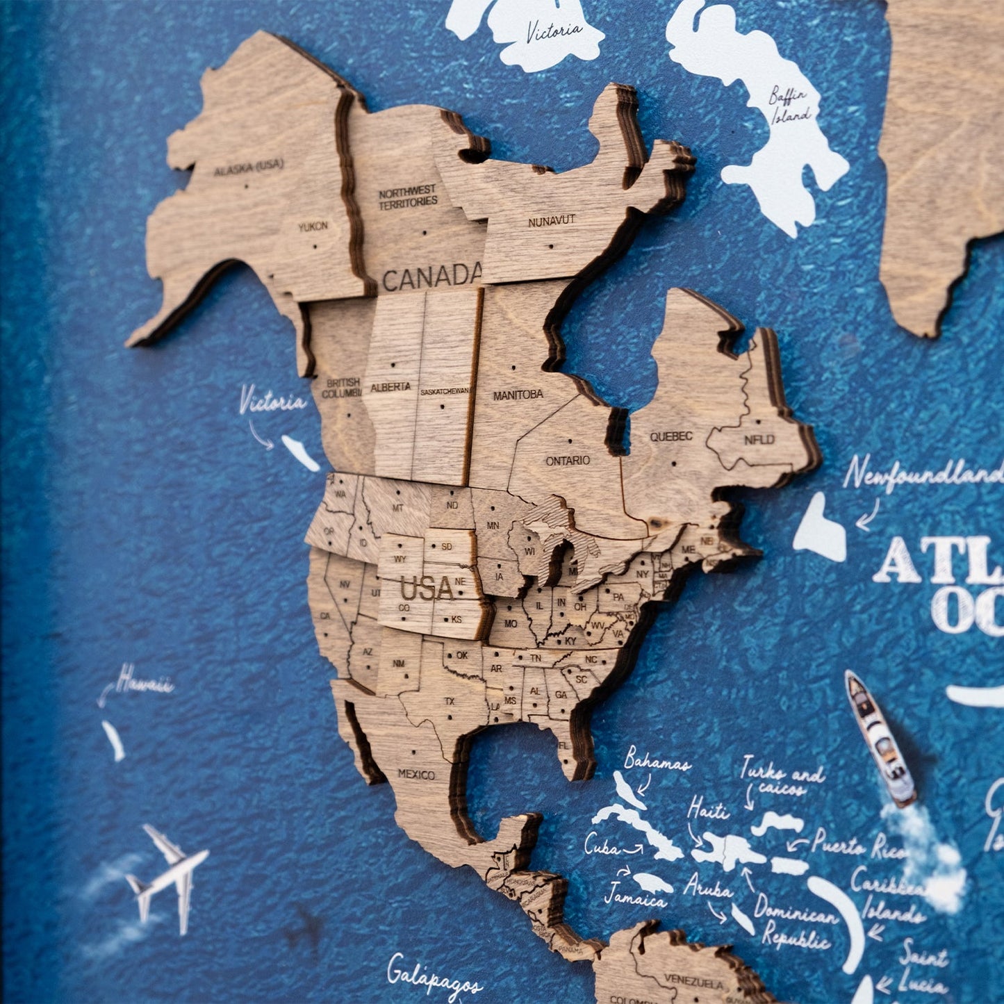 3D Wooden World Map on Panel - Terra Ocean