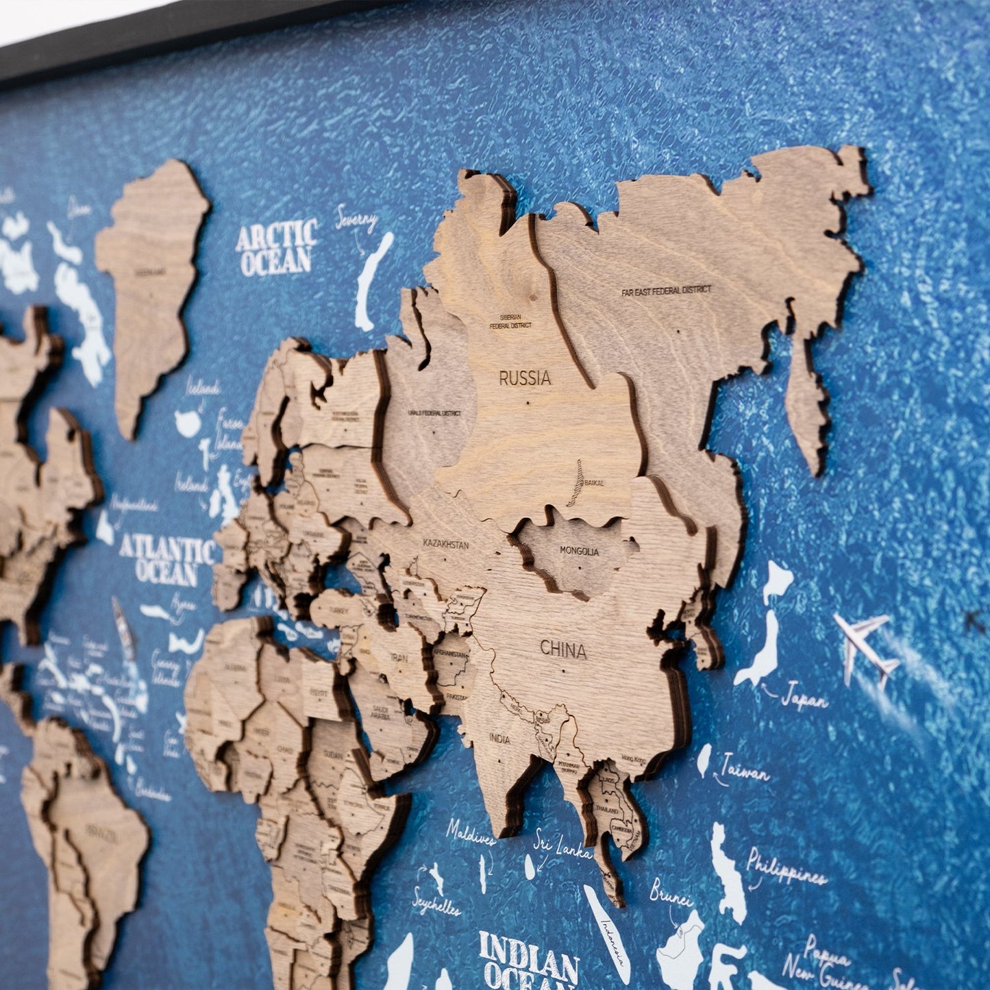 3D Wooden World Map on Panel - Terra Ocean