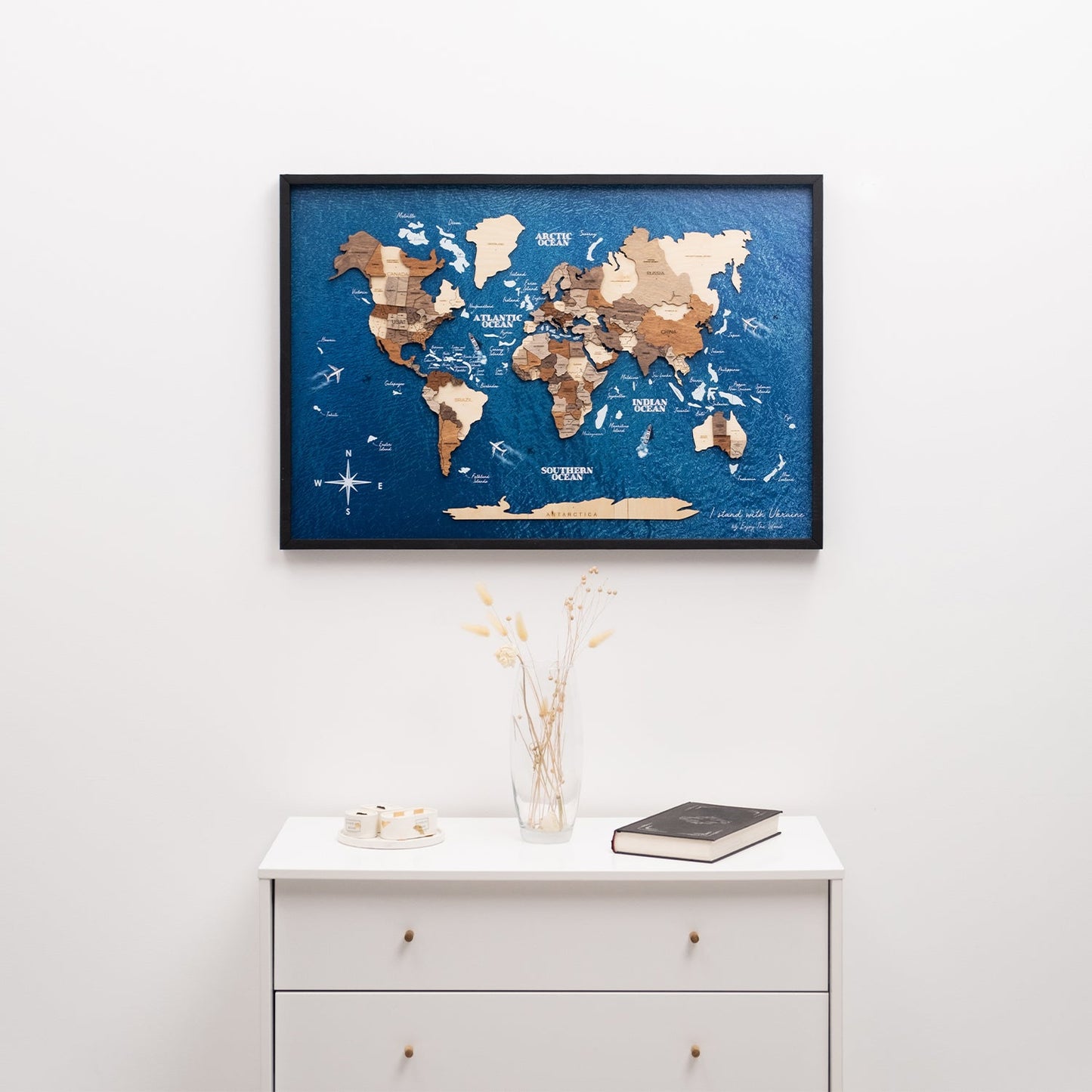 3D Wooden World Map on Panel - Multicolor Ocean