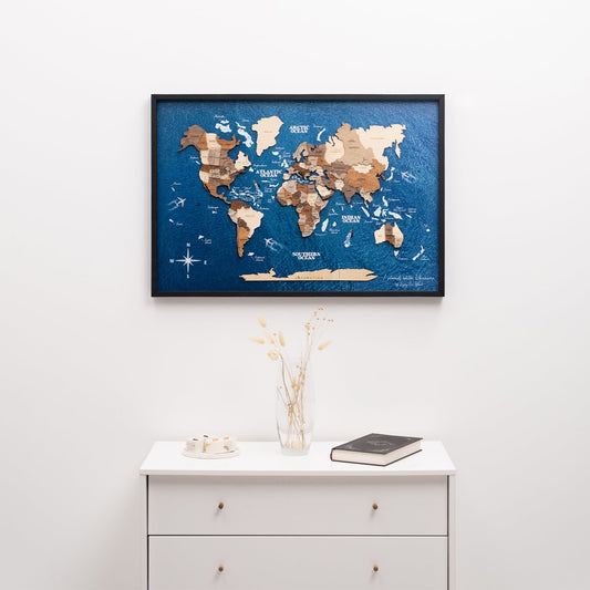 3D Wooden World Map on Panel - Multicolor Ocean