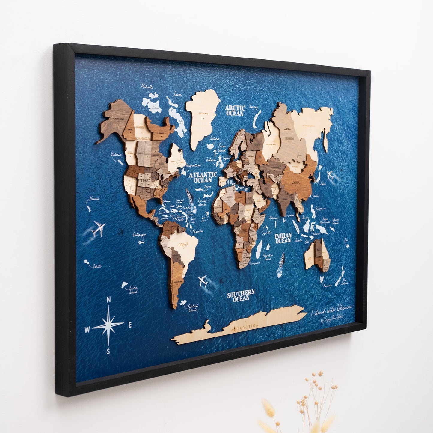 3D Wooden World Map on Panel - Multicolor Ocean