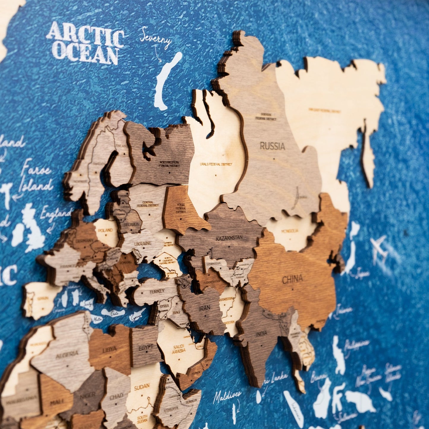3D Wooden World Map on Panel - Multicolor Ocean