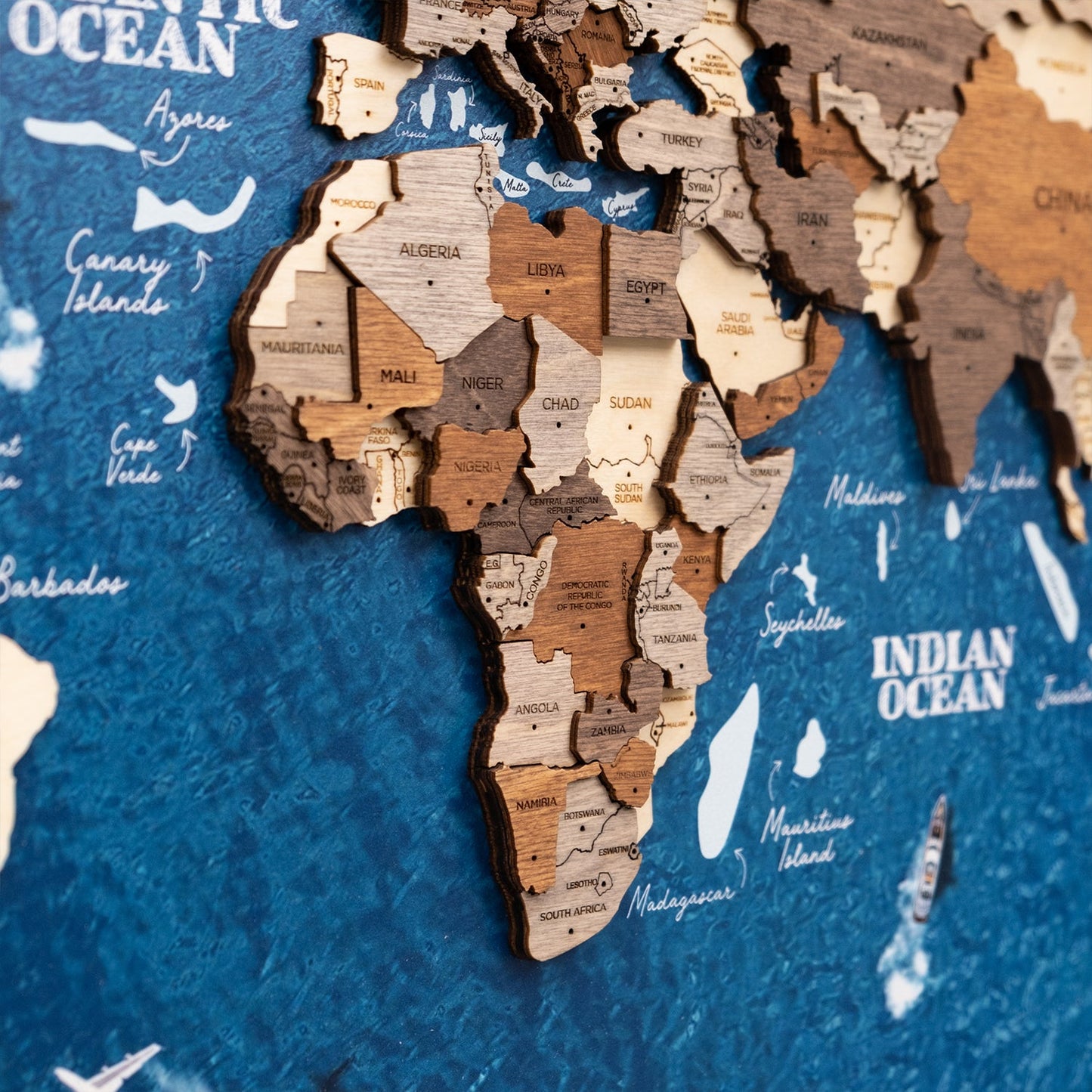 3D Wooden World Map on Panel - Multicolor Ocean