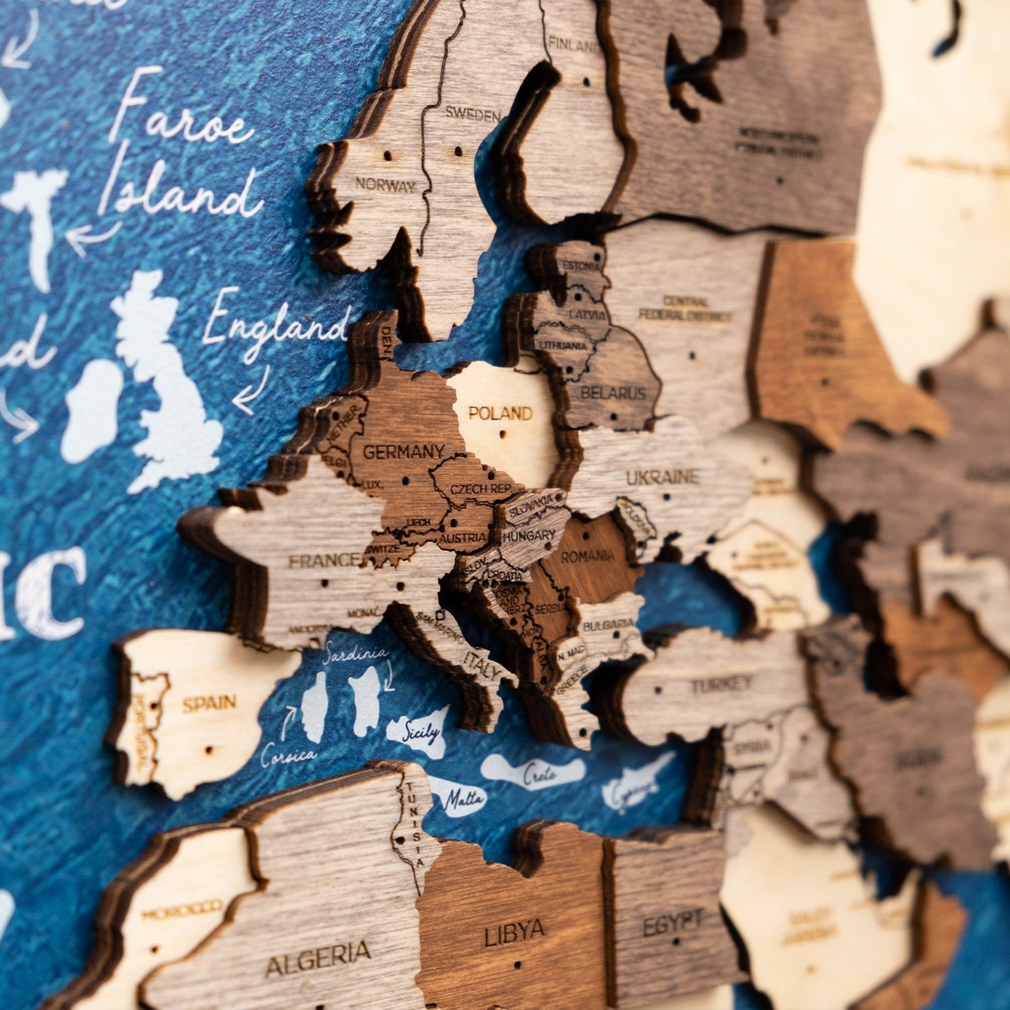 3D Wooden World Map on Panel - Multicolor Ocean