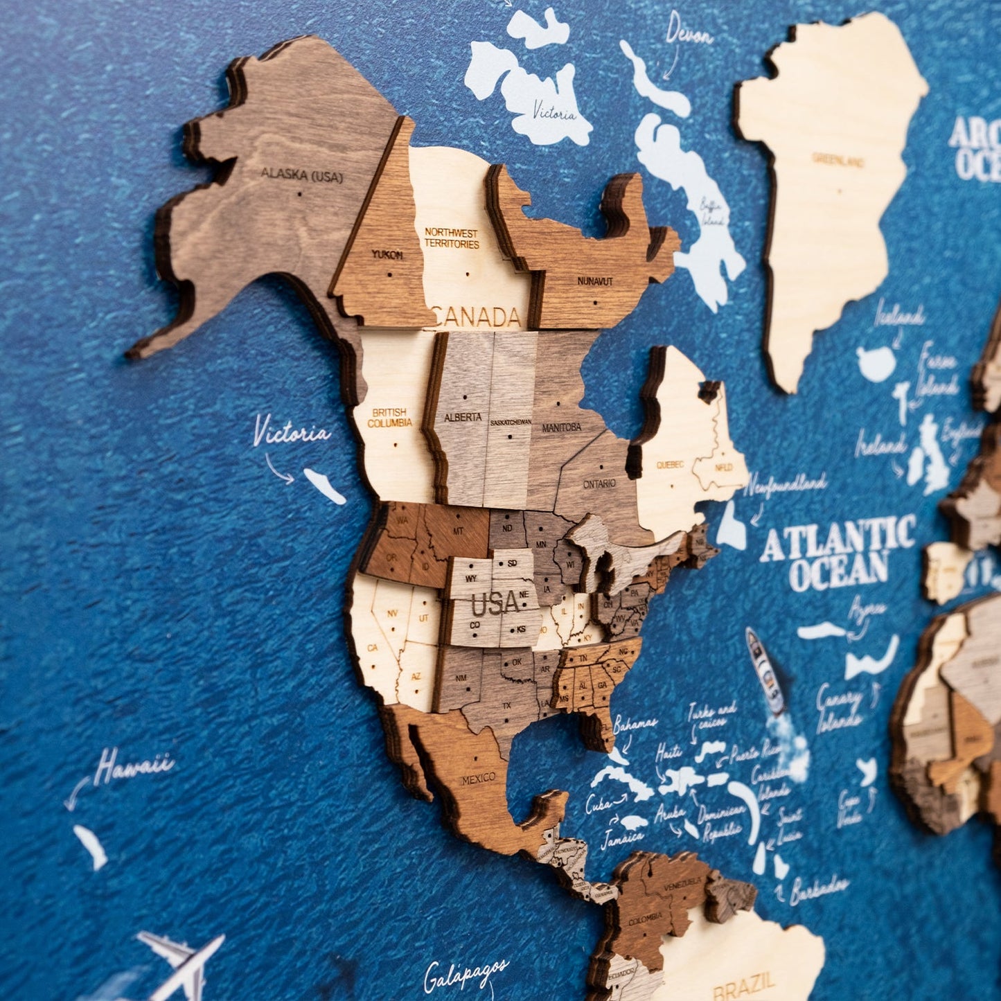 3D Wooden World Map on Panel - Multicolor Ocean