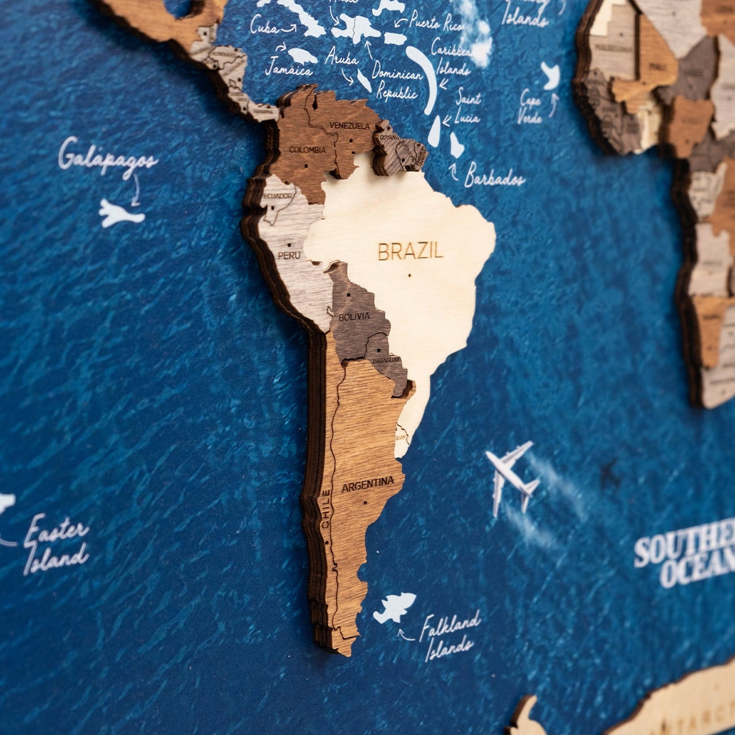 3D Wooden World Map on Panel - Multicolor Ocean