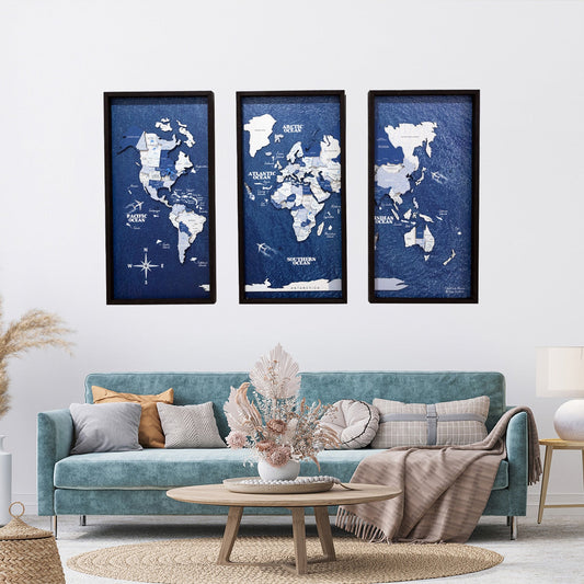 Wooden World Map on Triptych Panels - Aqua Ocean